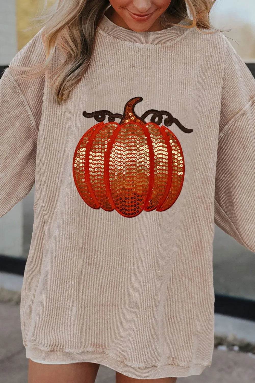 Sequin Pumpkin Round Neck Long Sleeve Sweatshirt - IntuitiveEncBoutique