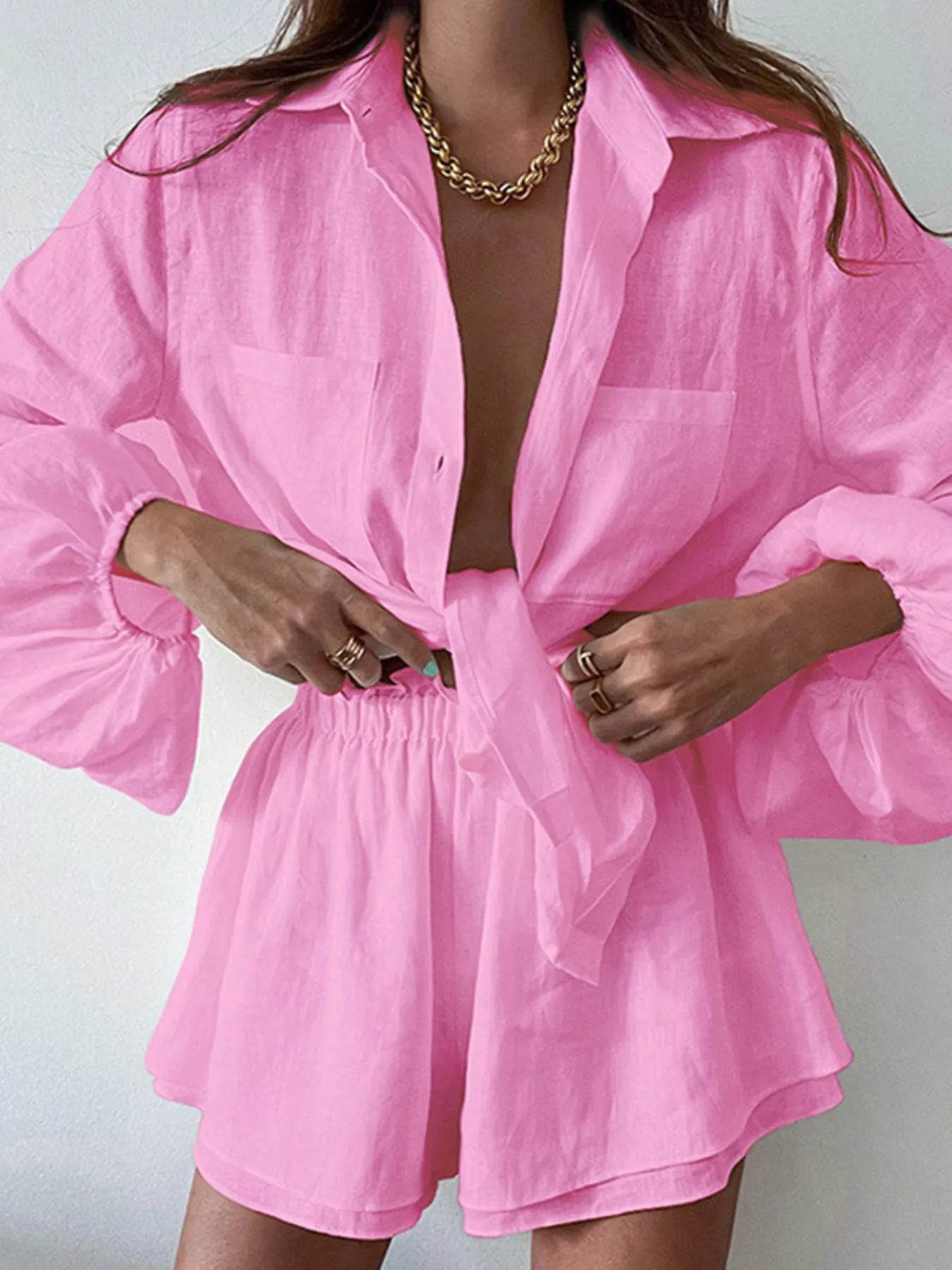 Full Size Button Up Balloon Sleeve Top and Shorts Set Plus Size - IntuitiveEncBoutique