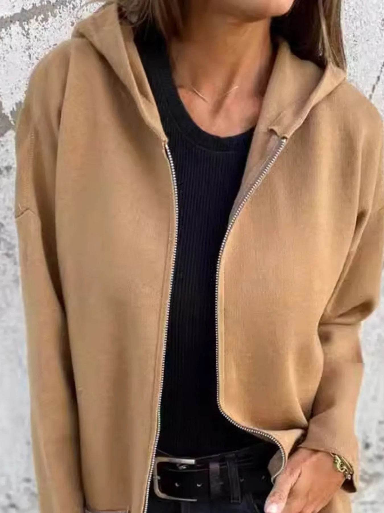 Full Size Zip Up Long Sleeve Hooded Outerwear Plus Size - IntuitiveEncBoutique