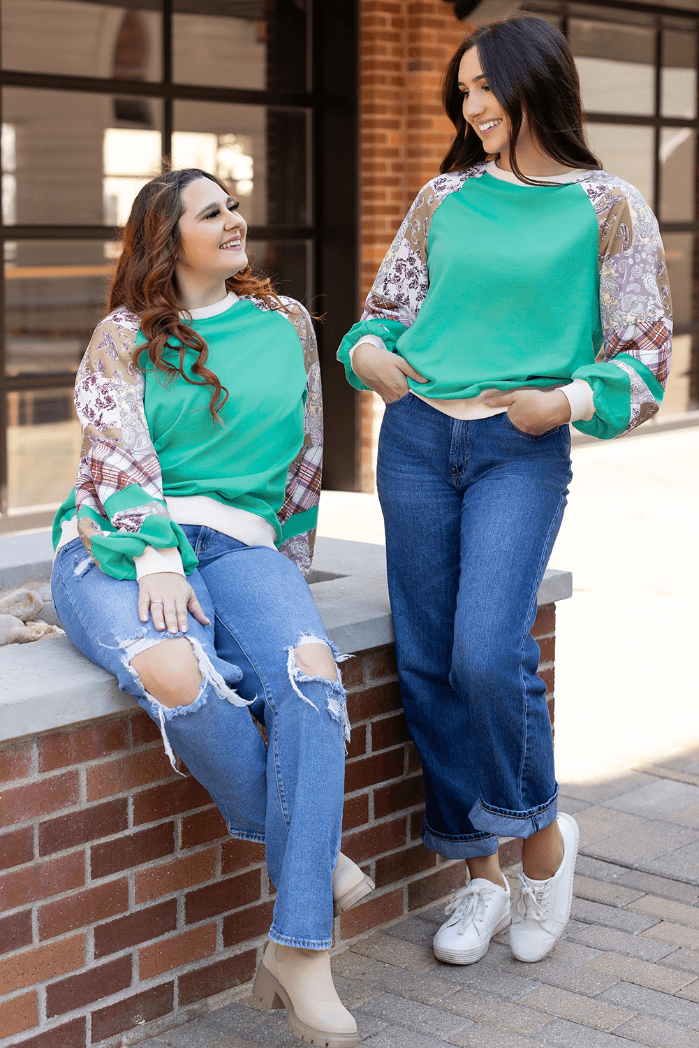 Sky Blue Plus Size Plaid Floral Patchwork Raglan Sleeve Sweatshirt - IntuitiveEncBoutique