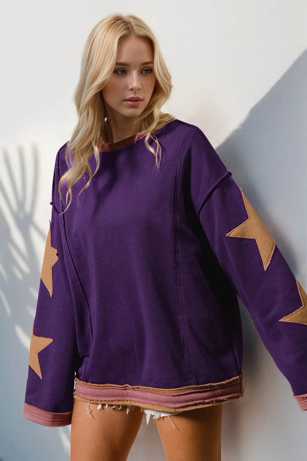 Double Take Star Patched Long Sleeve Sweatshirt - IntuitiveEncBoutique