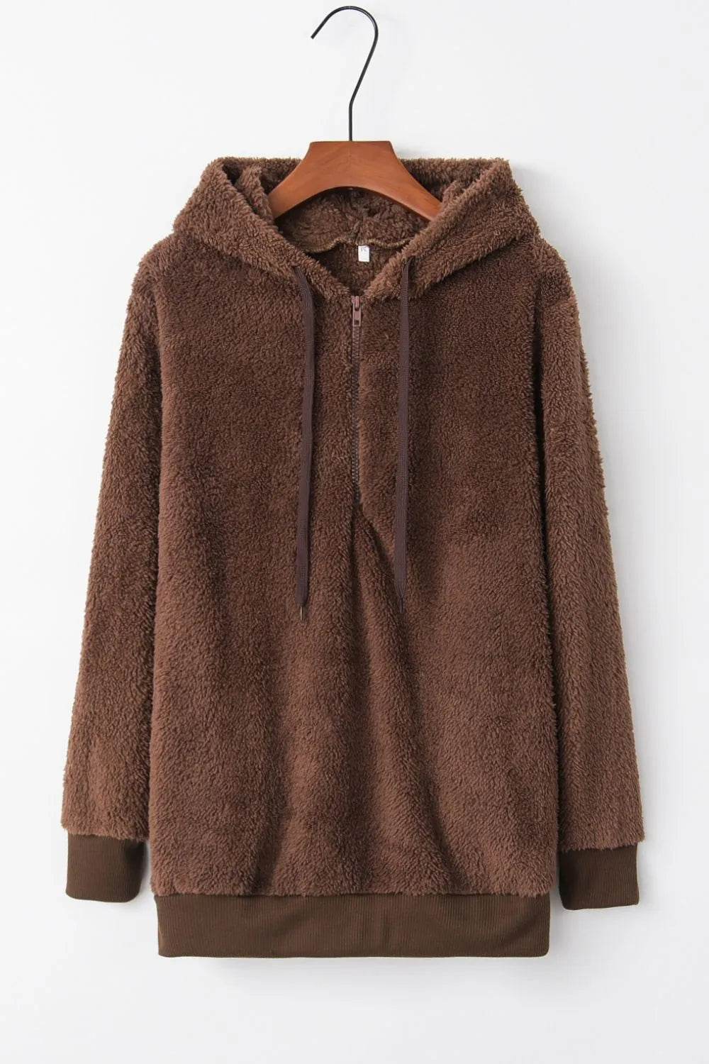 Full Size Quarter-Zip Drawstring Teddy Hoodie - IntuitiveEncBoutique