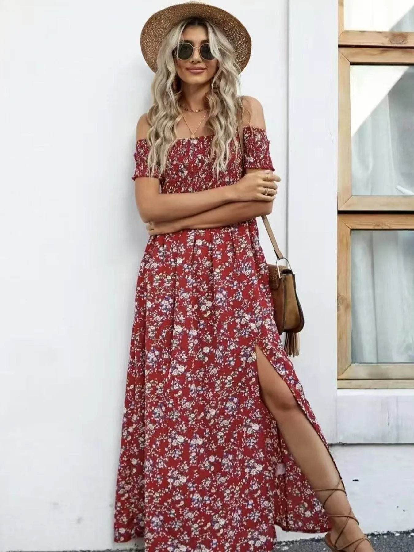 Full Size Slit Off-Shoulder Floral Midi Dress Plus Size - IntuitiveEncBoutique
