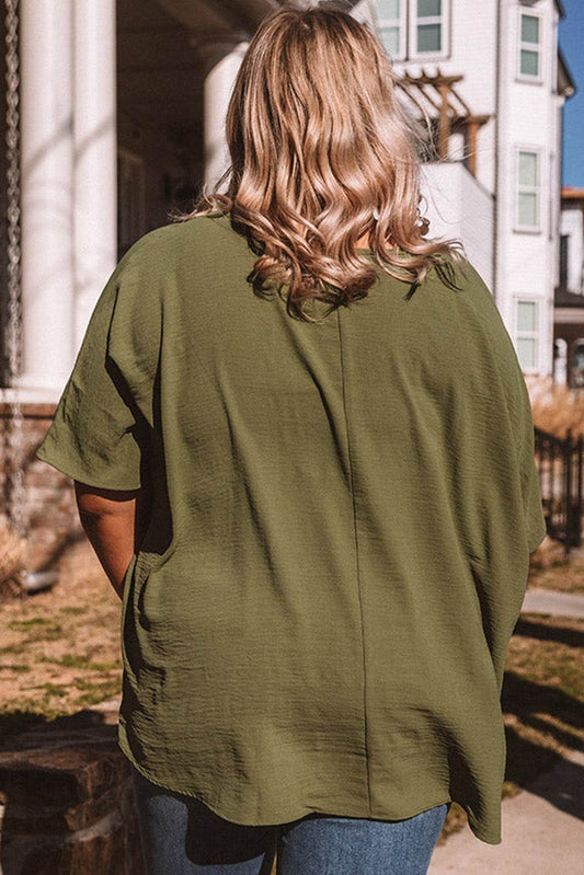 Four Leaf Clover Textured Half Sleeve V Neck Plus Size T Shirt with Chest Pocket - IntuitiveEncBoutique