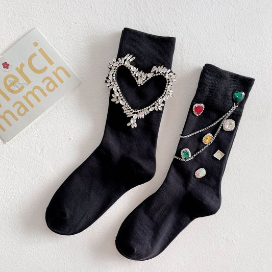 Diamond Black Chain Middle Tube Stacked Socks - IntuitiveEncBoutique