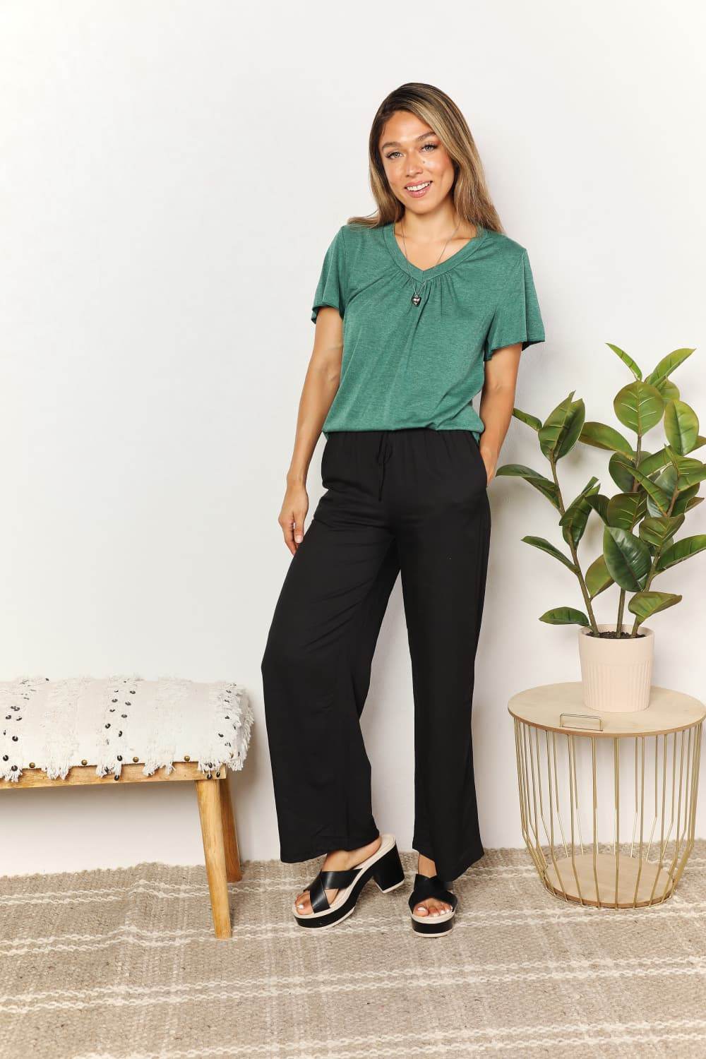 Double Take Ruched V-Neck Short Sleeve T-Shirt - IntuitiveEncBoutique