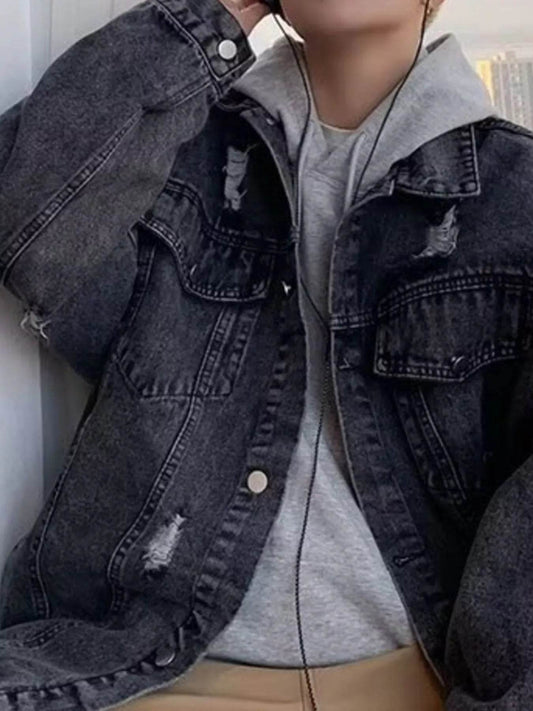 Men's Full Size Distressed Button Up Denim Jacket Plus Size - IntuitiveEncBoutique