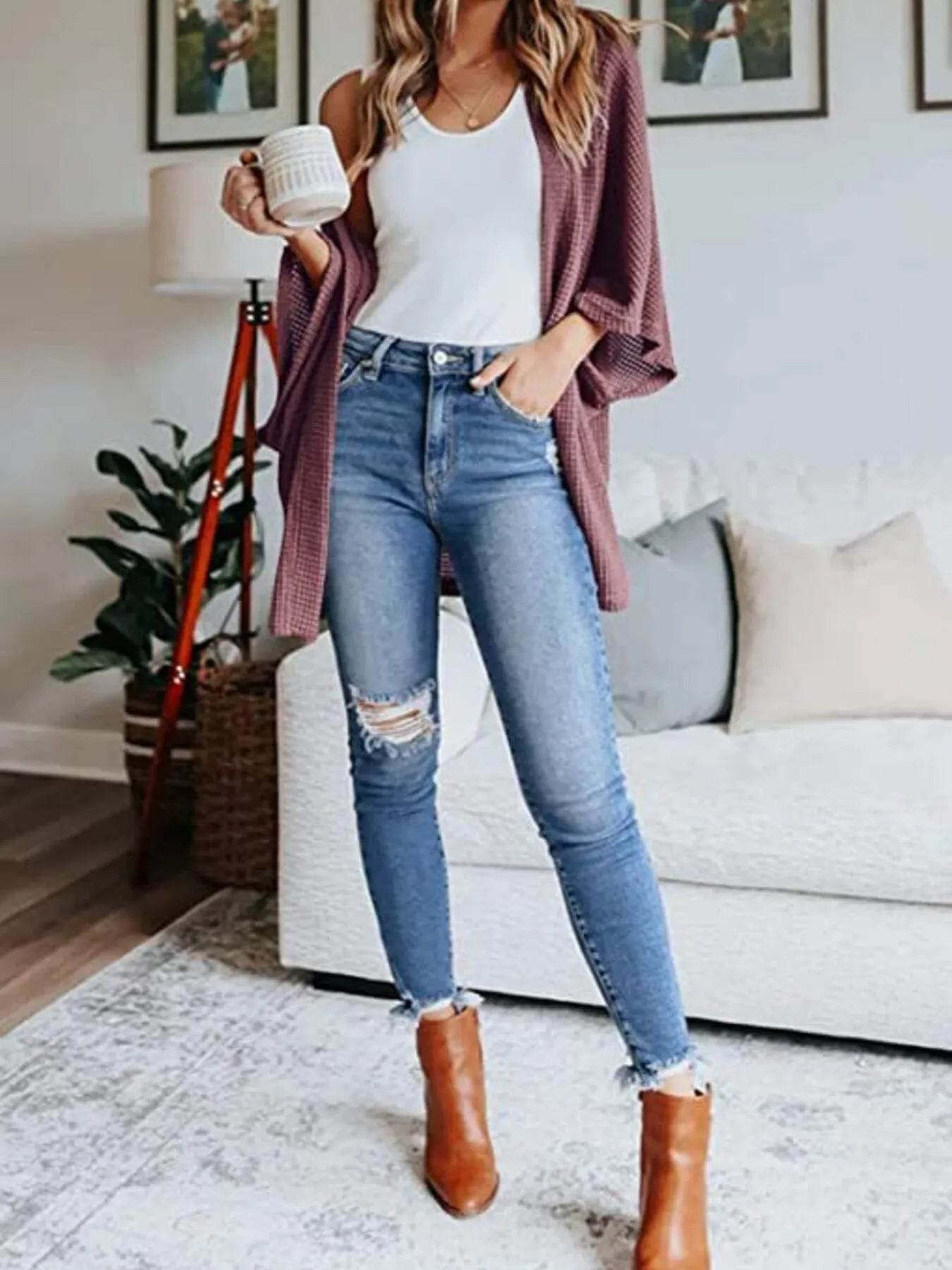 Full Size Open Front Waffle Knit Cardigan Plus Size - IntuitiveEncBoutique