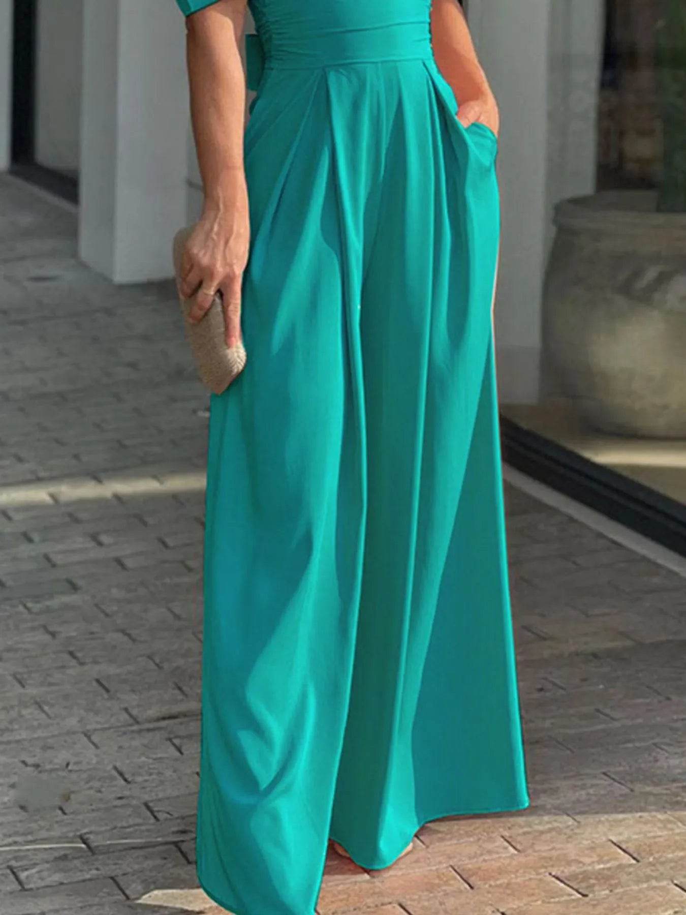 Full Size Cutout V-Neck Puff Sleeve Jumpsuit Plus Size - IntuitiveEncBoutique