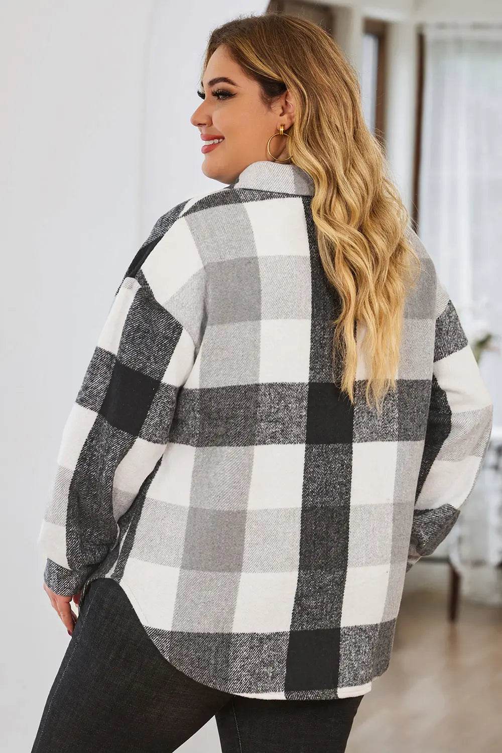 Plus Size Plaid Button Up Collared Neck Jacket - IntuitiveEncBoutique