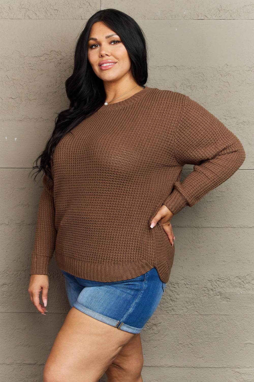 Zenana Breezy Days Plus Size High Low Waffle Knit Sweater - IntuitiveEncBoutique