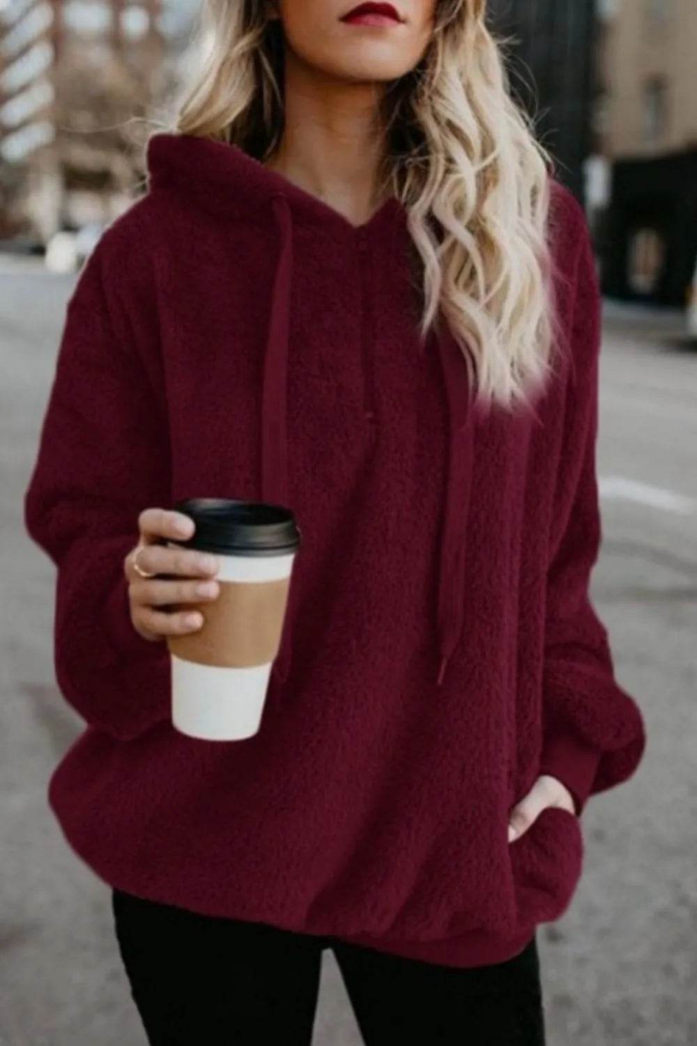 Full Size Quarter-Zip Drawstring Teddy Hoodie - IntuitiveEncBoutique