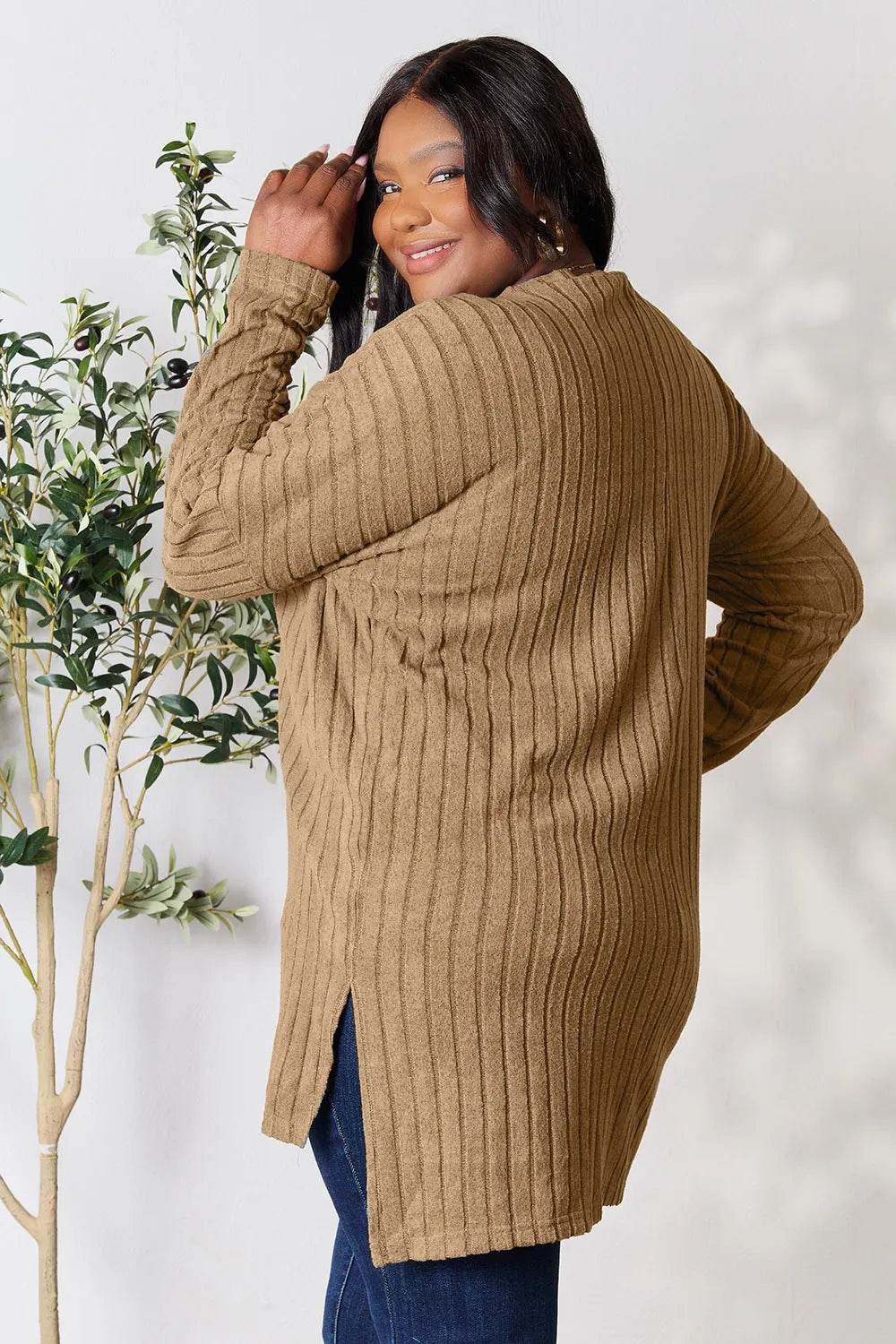 Basic Bae Full Size Ribbed Round Neck Long Sleeve Slit Top - IntuitiveEncBoutique