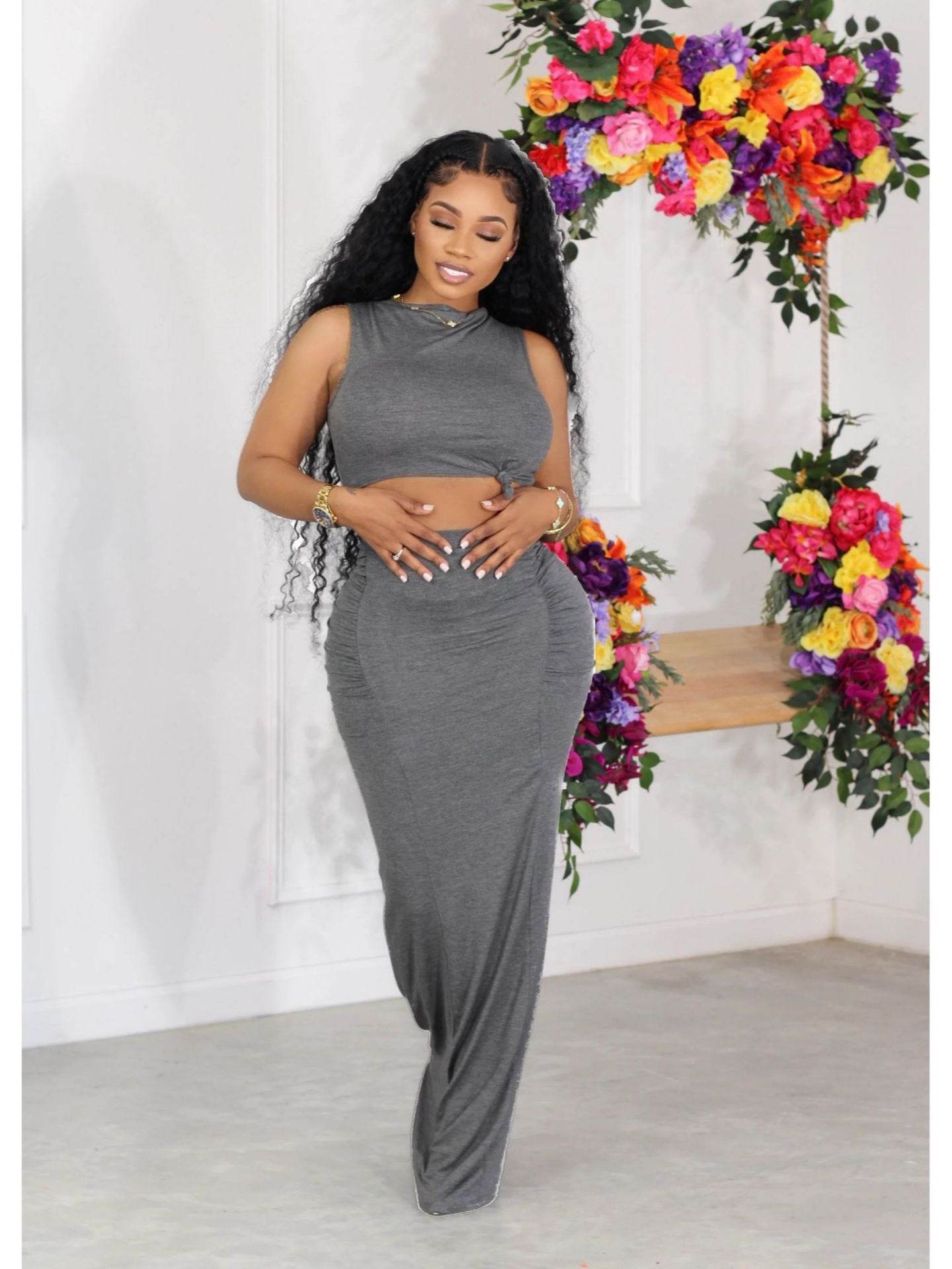 Sexy Bodycon Skirt + Sleeveless Long Top Two-Piece Set Women's Summer Simple Solid Color - IntuitiveEncBoutique