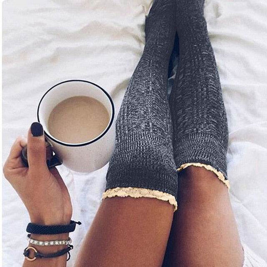 Fashion Ladies Knee High Lace Socks Women Over Knee Socks Thigh High Thick Lovely Girl Knitting Long Stockings - IntuitiveEncBoutique
