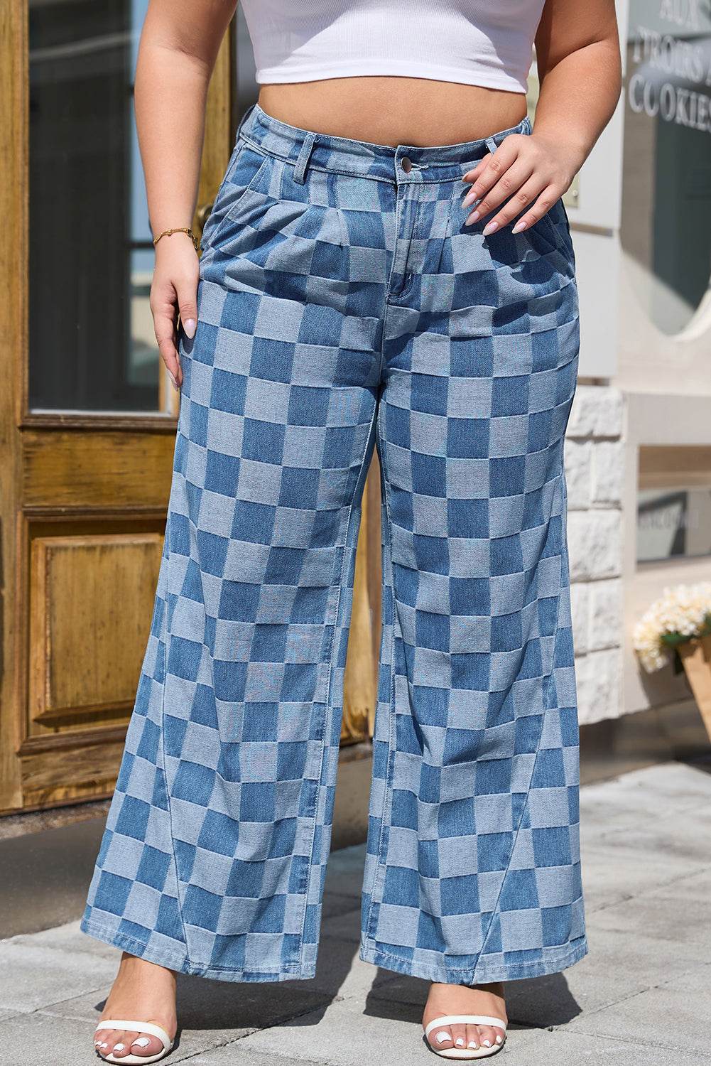 Dusk Blue Plus Size Checkered Seamed High Waist Wide Leg Jeans - IntuitiveEncBoutique