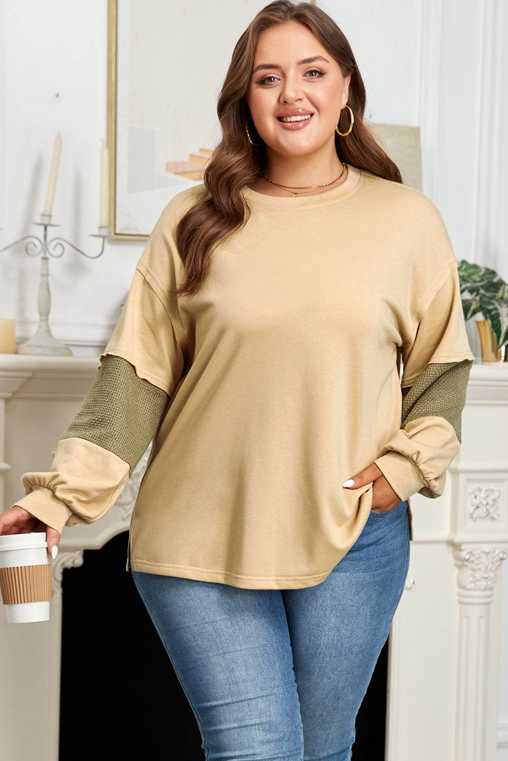 Laurel Green Exposed Seam Contrast Texture Patchwork Plus Size Drop Shoulder Pullover - IntuitiveEncBoutique