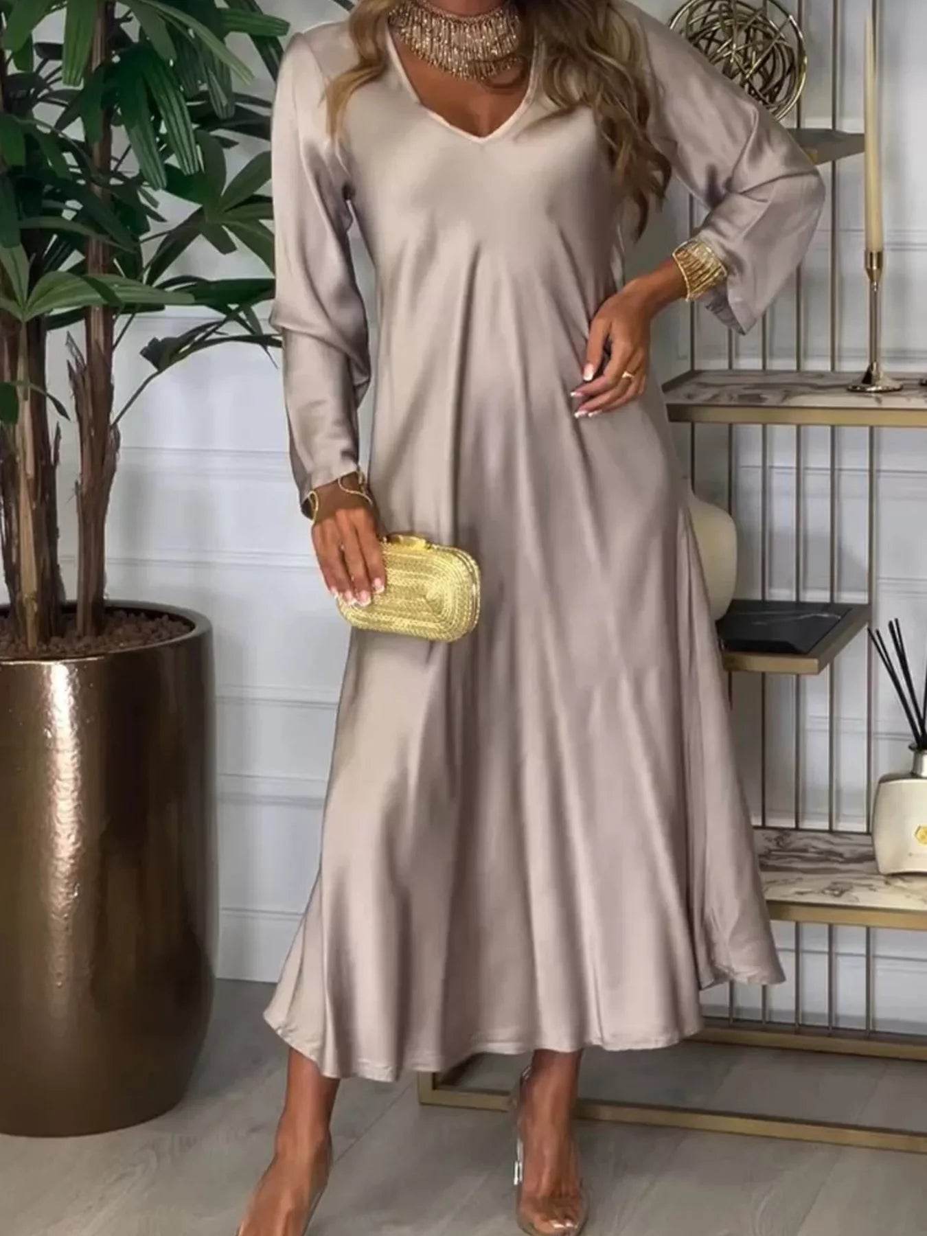 Full Size V-Neck Long Sleeve Midi Dress Plus Size - IntuitiveEncBoutique