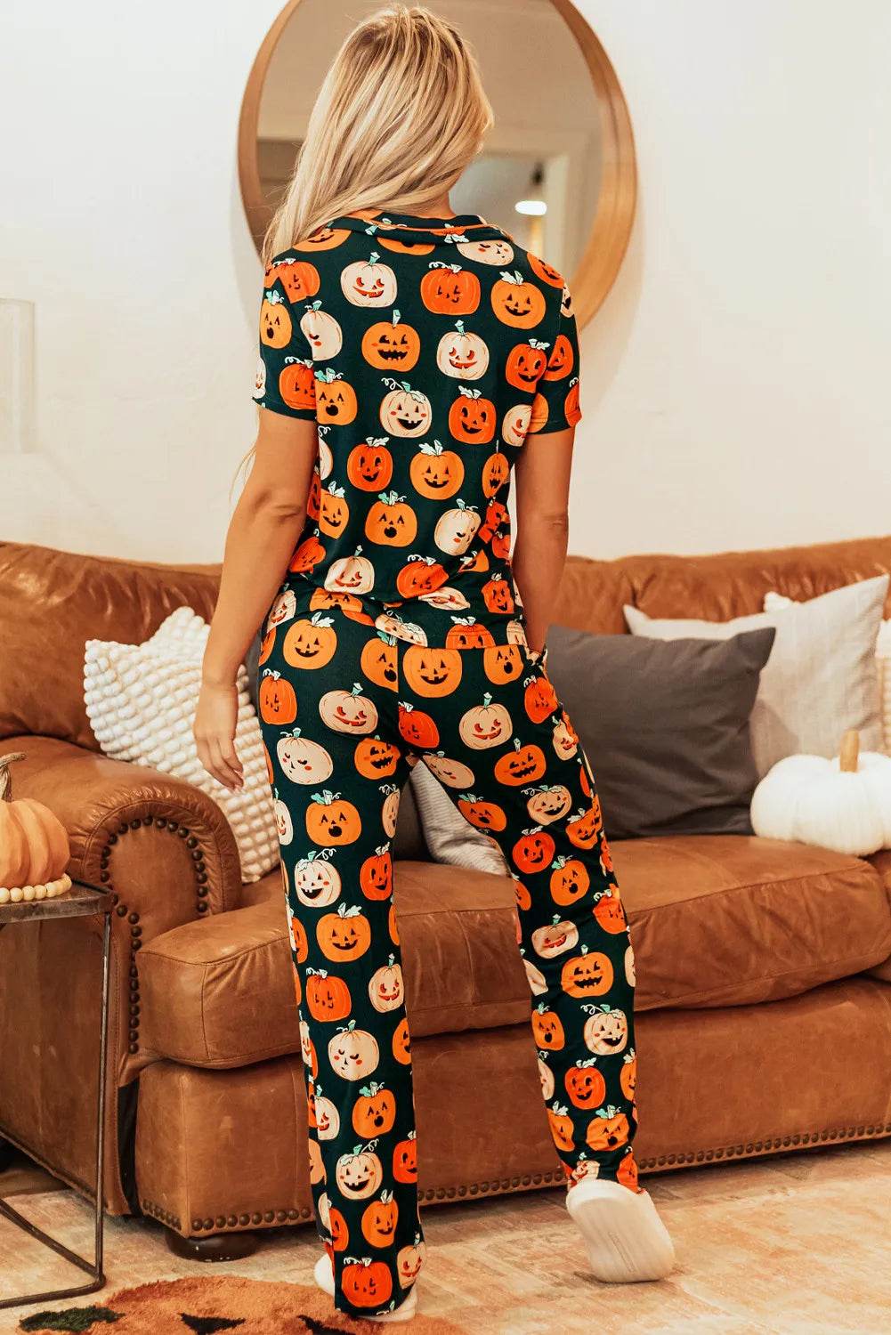 Pumpkin Printed Short Sleeve Top and Pants Lounge Set - IntuitiveEncBoutique