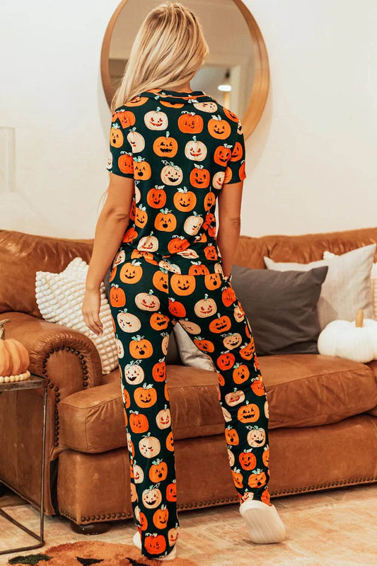 Pumpkin Printed Short Sleeve Top and Pants Lounge Set - IntuitiveEncBoutique
