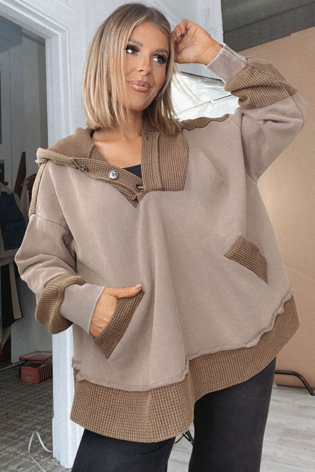 Goat Waffle Contrast Patchwork Plus Size Pocketed Hoodie - IntuitiveEncBoutique