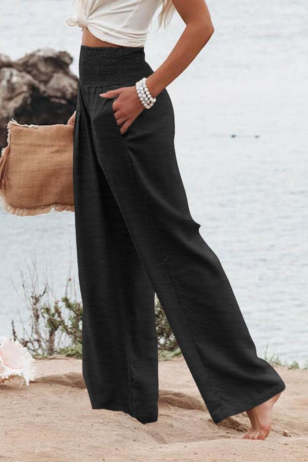 Black Shirred High Waist Plus Size Wide Leg Pants - IntuitiveEncBoutique