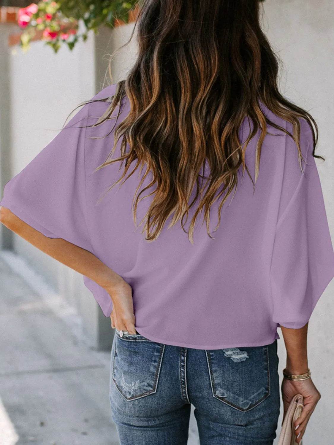 Full Size Ruched Three-Quarter Sleeve Blouse Plus Size - IntuitiveEncBoutique