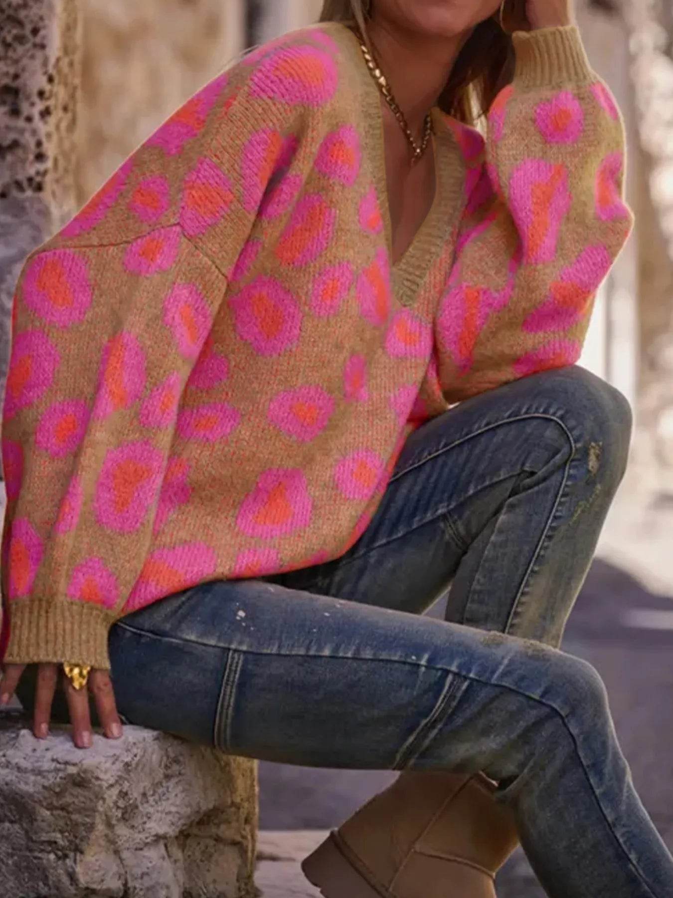 Leopard Oversized V-Neck Sweater - IntuitiveEncBoutique