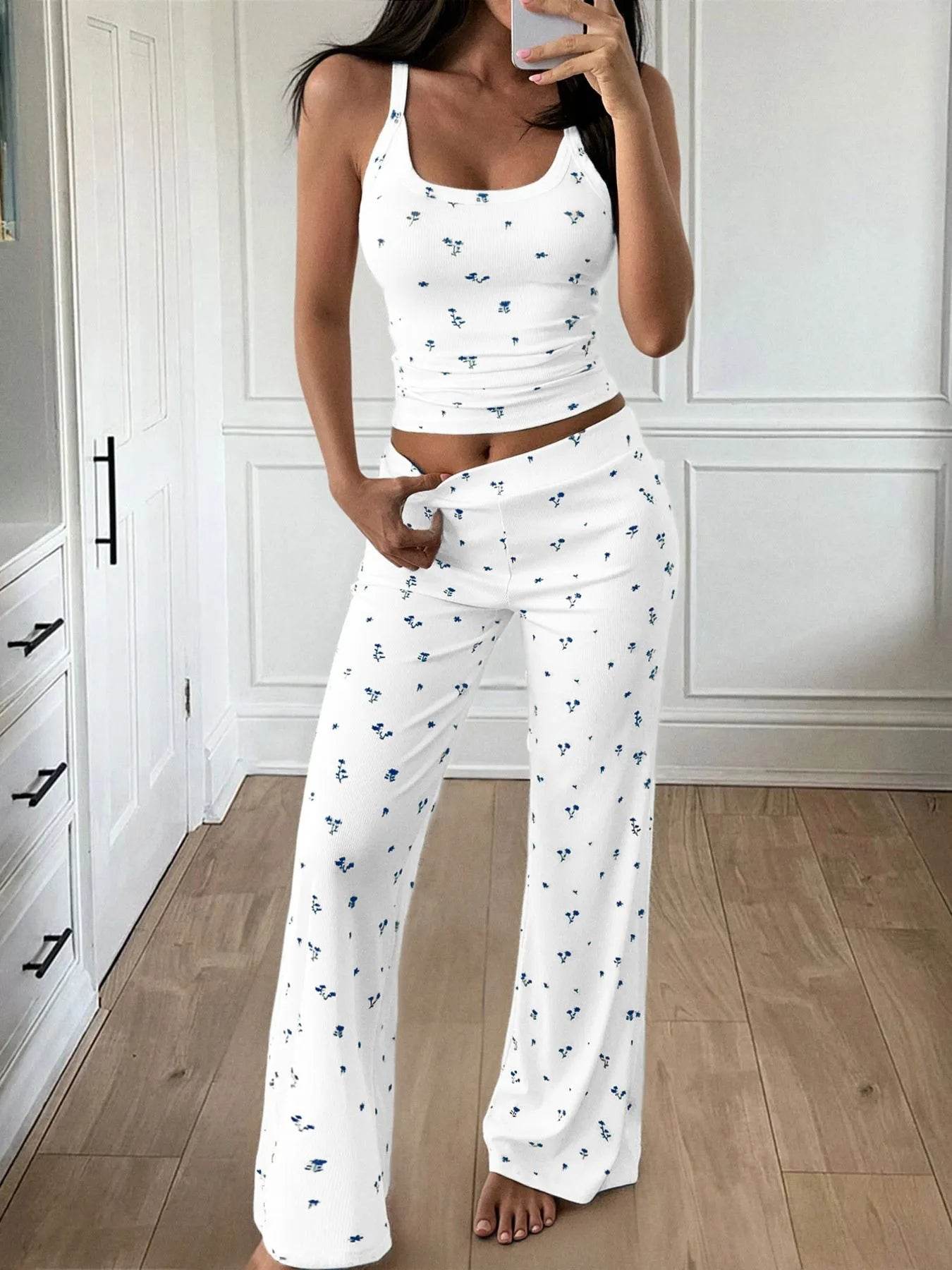 Floral Ribbed Cami and Wide Leg Pants Set - IntuitiveEncBoutique
