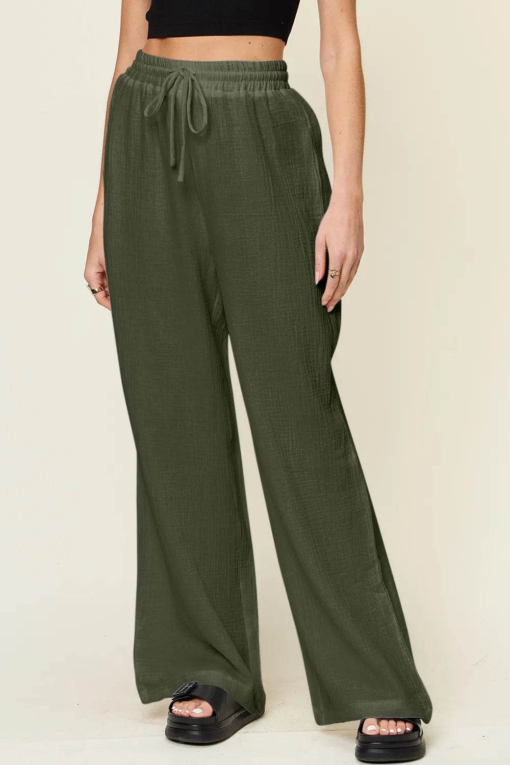 Double Take Full Size Texture Drawstring Wide Leg Pants - IntuitiveEncBoutique