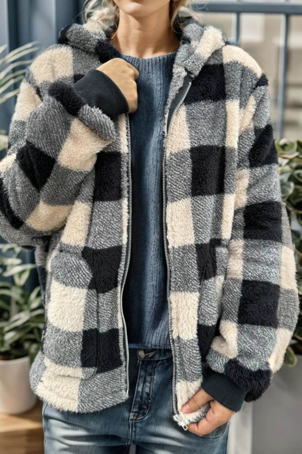 Double Take Full Size Plaid Long Sleeve Hooded Coat - IntuitiveEncBoutique