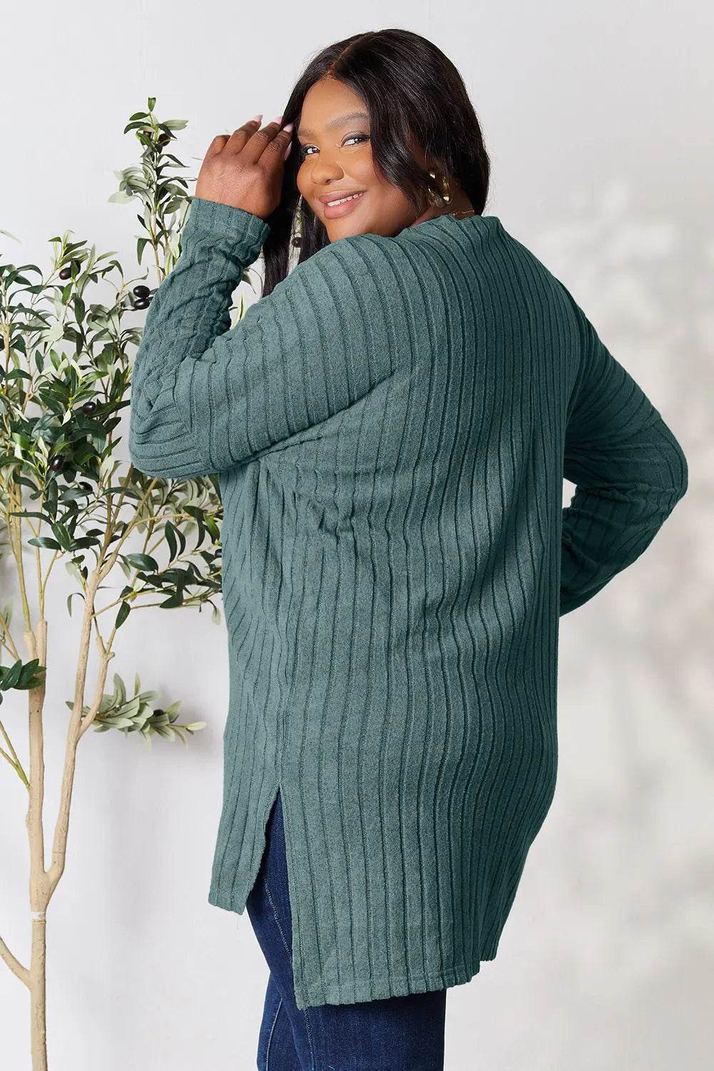 Basic Bae Full Size Ribbed Round Neck Long Sleeve Slit Top - IntuitiveEncBoutique