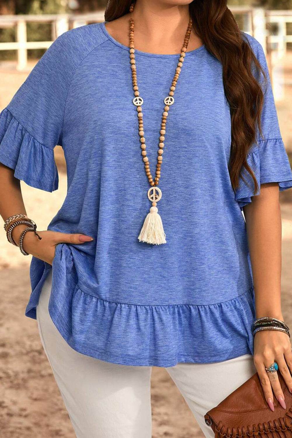 Dusk Blue Ruffled Short Sleeve Plus Size Casual Blouse - IntuitiveEncBoutique
