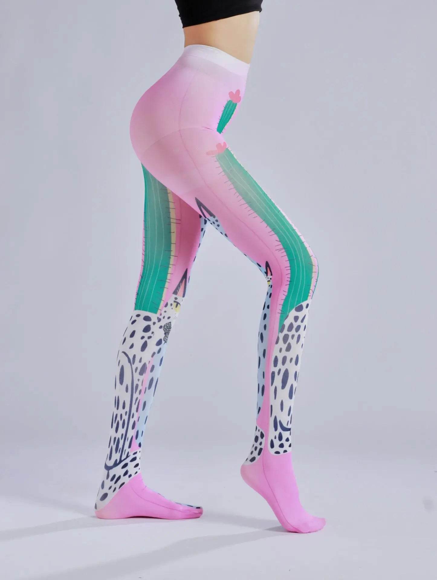 Cactus printed pantyhose with leopard print pattern as the sole personalized and fashionable pantyhose - IntuitiveEncBoutique