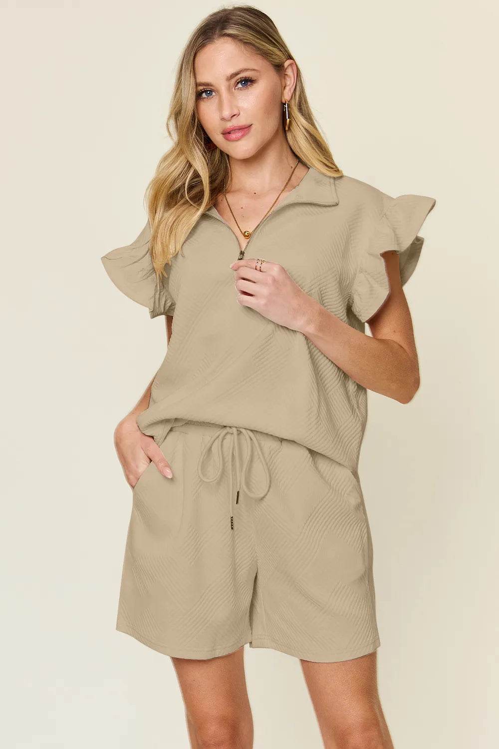 Double Take Full Size Texture Flounce Sleeve Top and Drawstring Shorts Set - IntuitiveEncBoutique