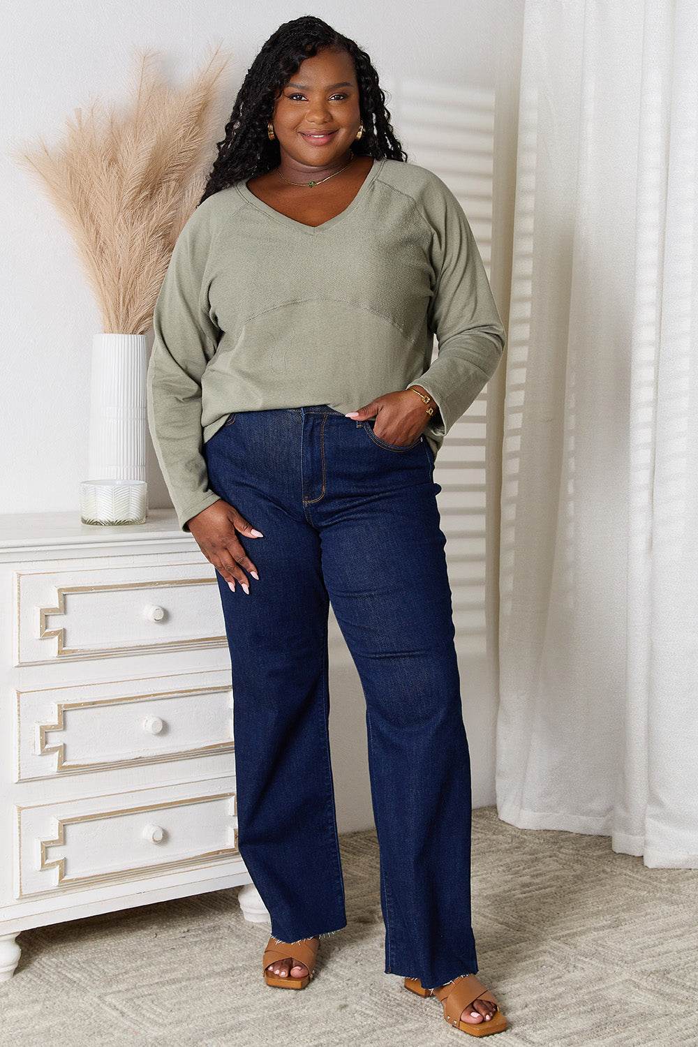 Culture Code Full Size V-Neck Long Sleeve T-Shirt - IntuitiveEncBoutique