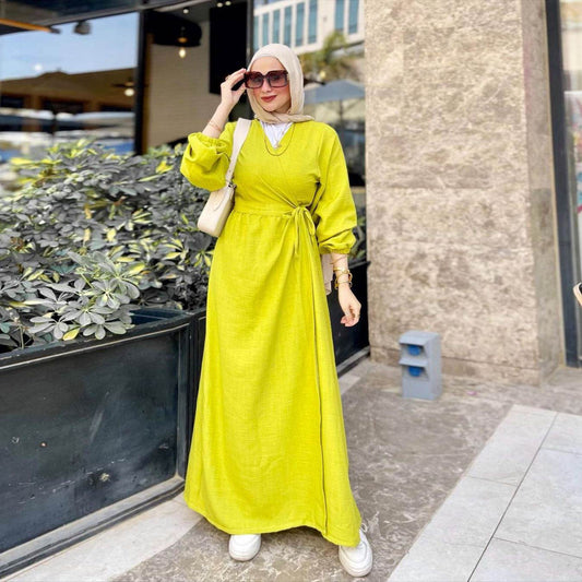 Loose Long Sleeve Belted Open Front Abaya Dress Elegant - IntuitiveEncBoutique