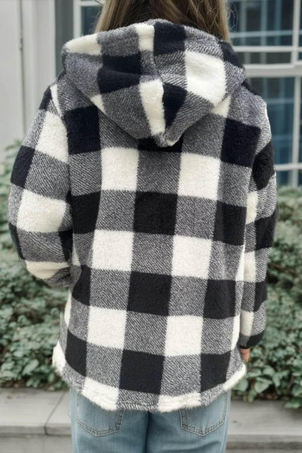 Double Take Full Size Plaid Long Sleeve Hooded Coat - IntuitiveEncBoutique