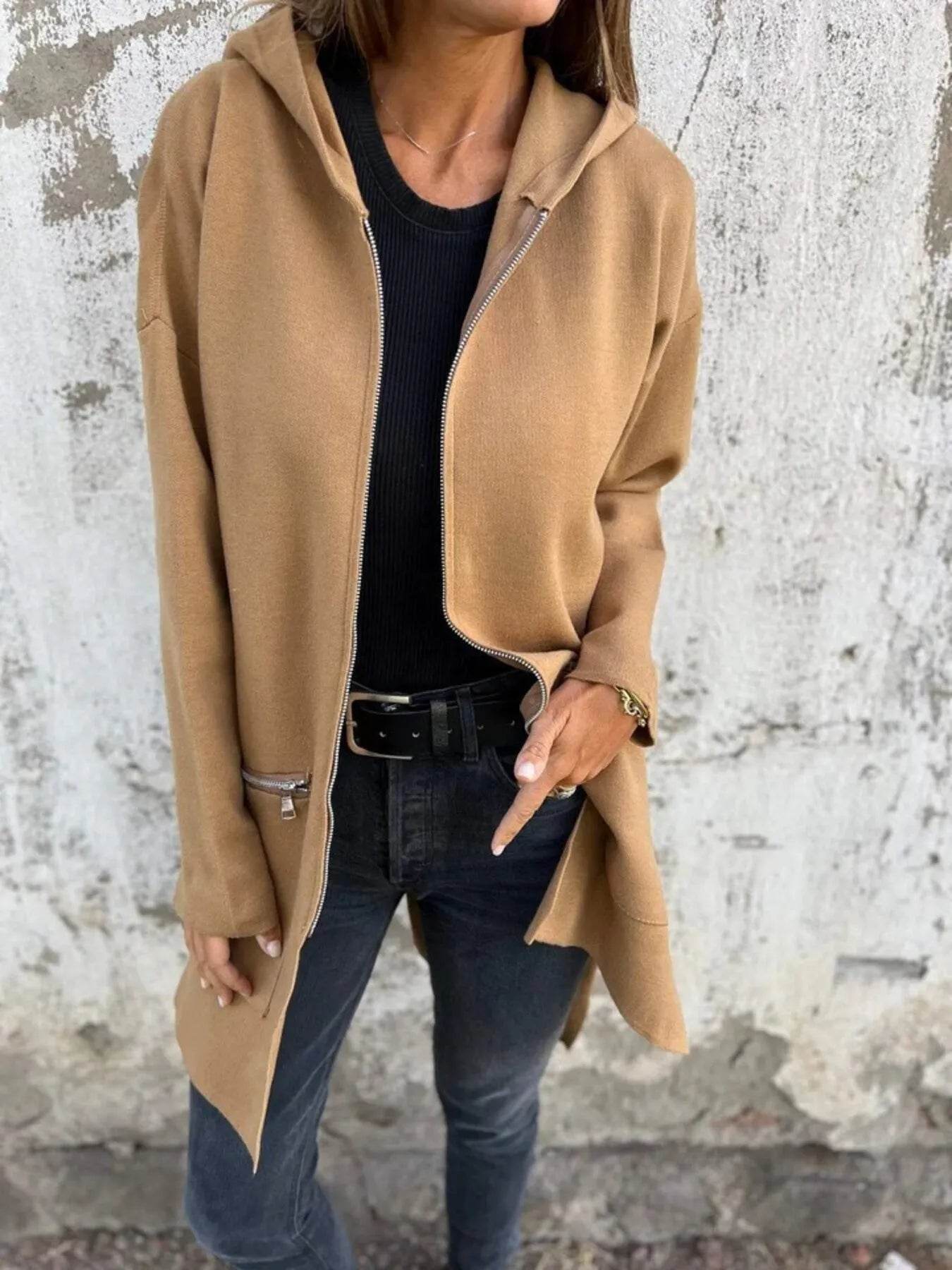 Full Size Zip Up Long Sleeve Hooded Outerwear Plus Size - IntuitiveEncBoutique