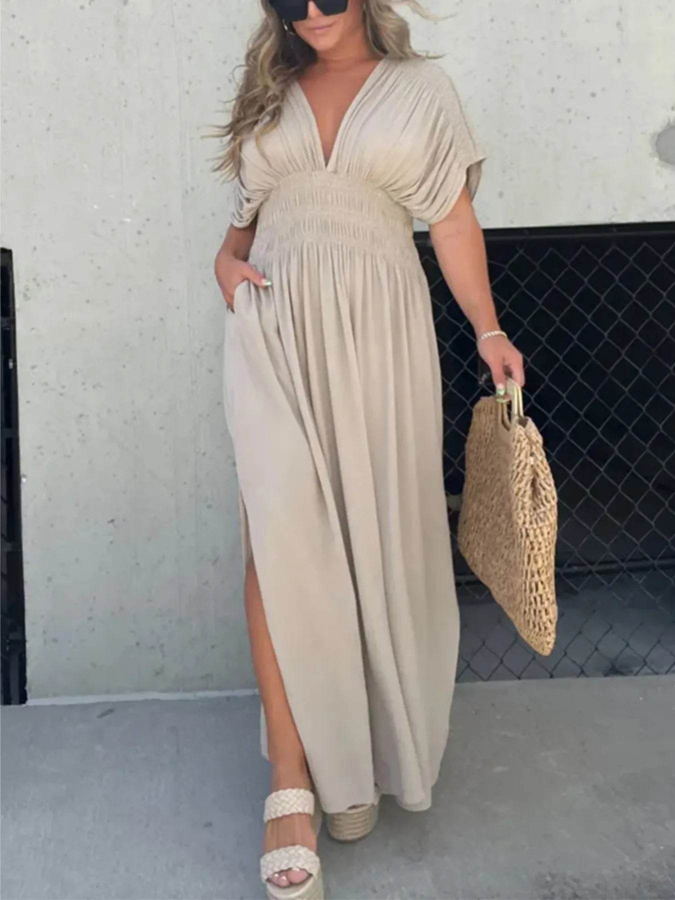 Full Size Deep V-Neck Maxi Dress with Side Slit Plus Size - IntuitiveEncBoutique