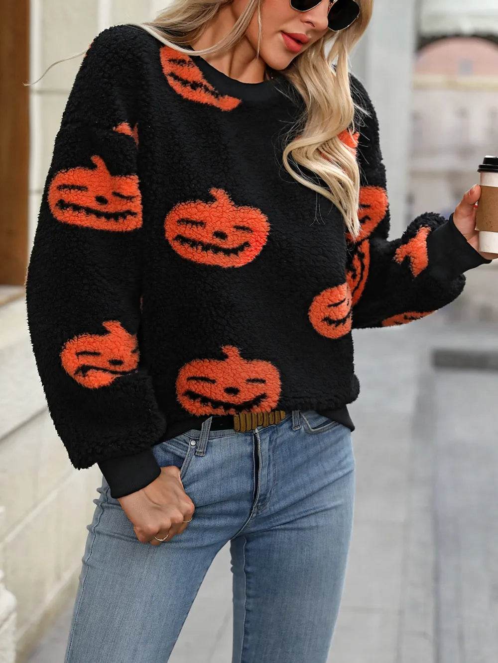 Fuzzy Pumpkin Round Neck Dropped Shoulder Sweater - IntuitiveEncBoutique