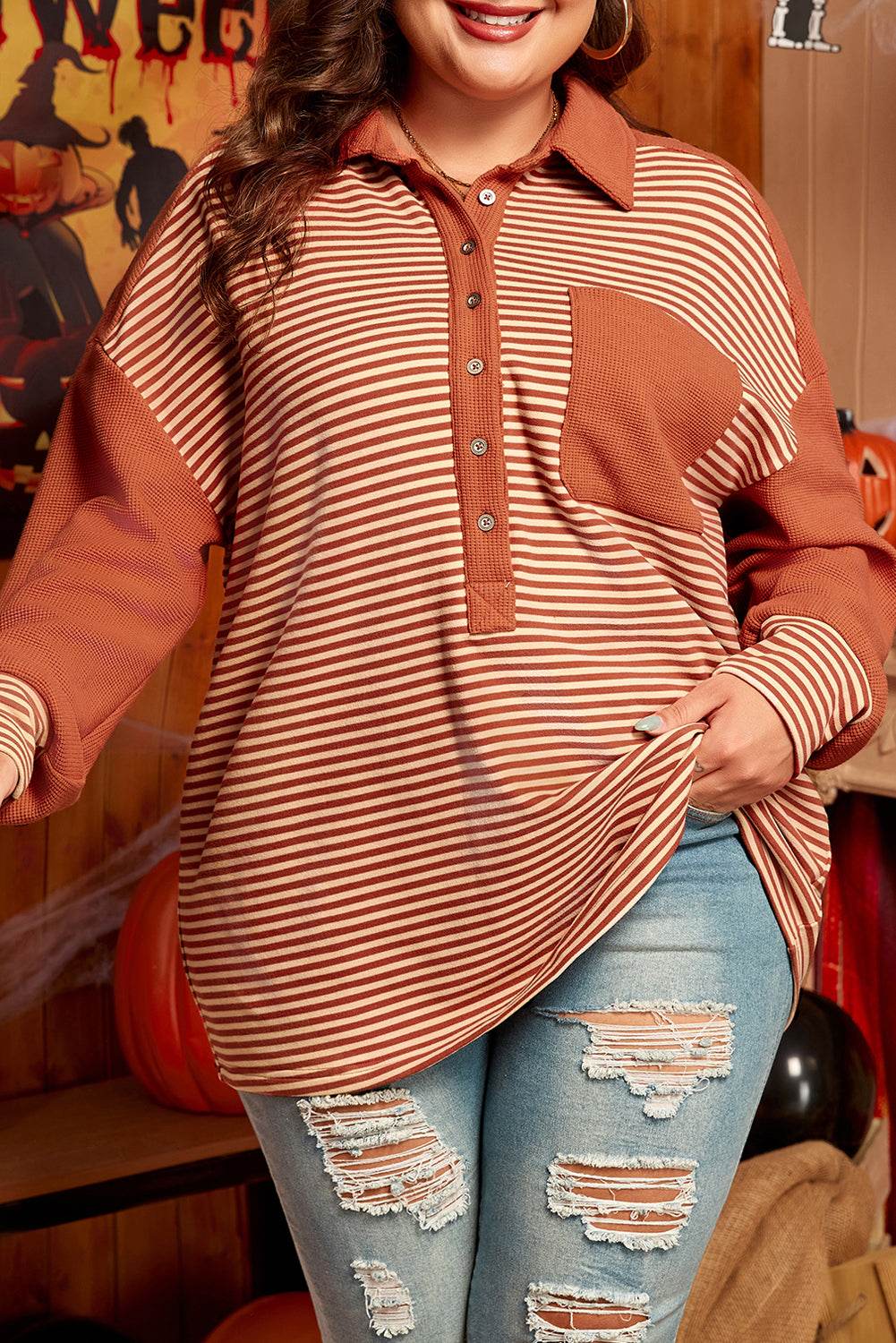 Red Stripe Textured Patched Drop Shoulder Buttoned Plus Size Sweatshirt - IntuitiveEncBoutique