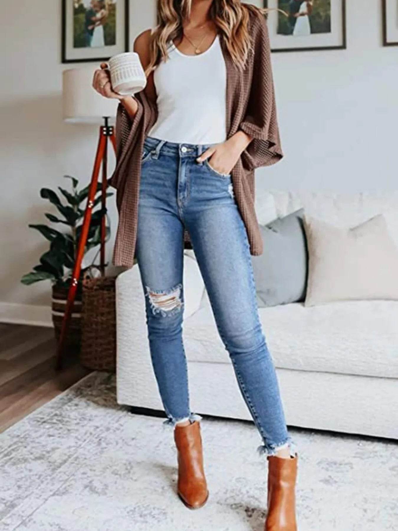 Full Size Open Front Waffle Knit Cardigan Plus Size - IntuitiveEncBoutique