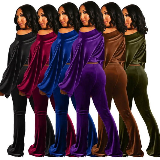 Autumn and Winter Women's Suit Pants Nightclub Sexy T-shirt Flannelette One Shoulder Slim Fit Elegant Women's 2-piece Set - IntuitiveEncBoutique