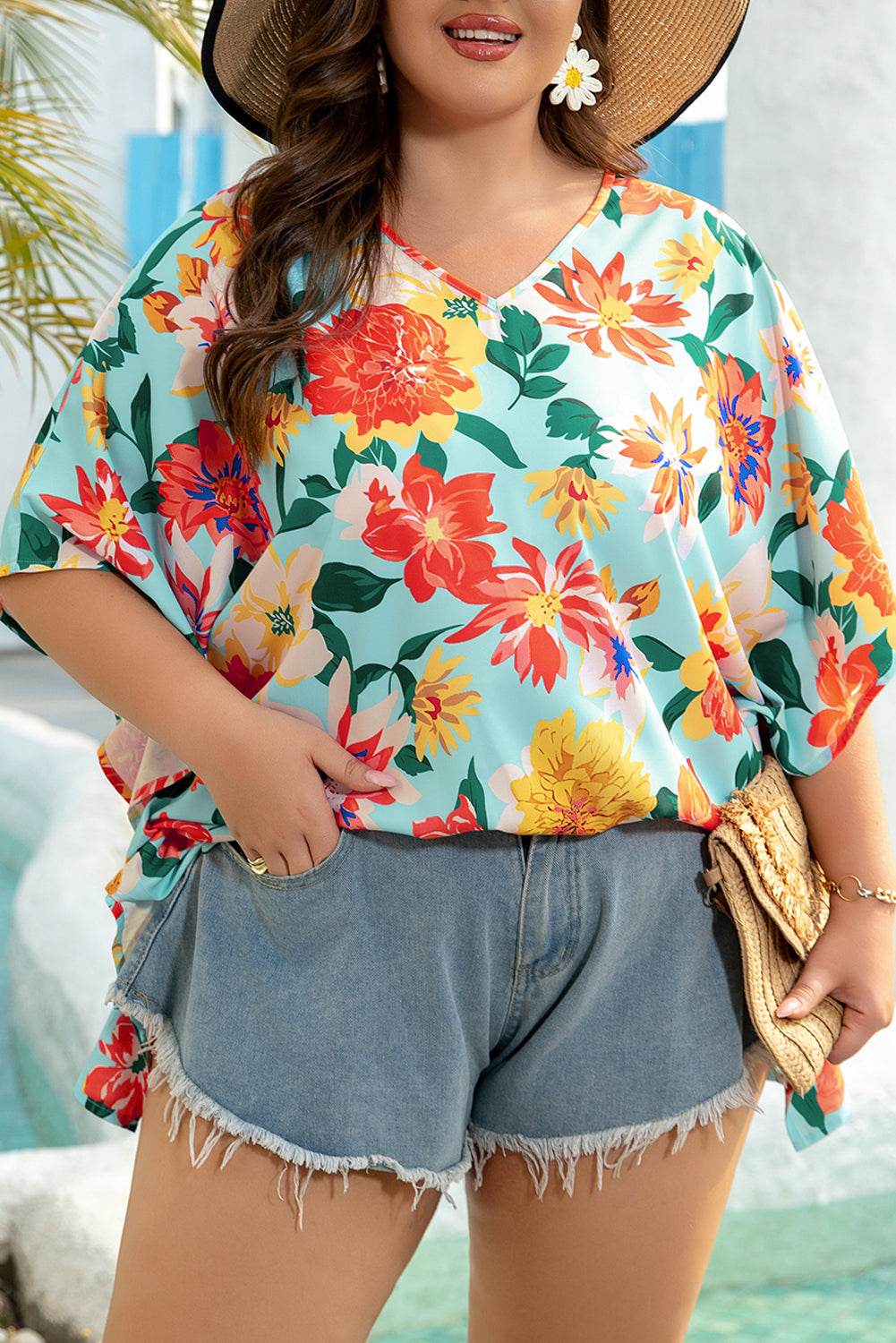 Sky Blue Plus Size Floral Print V Neck Batwing Sleeve Blouse - IntuitiveEncBoutique