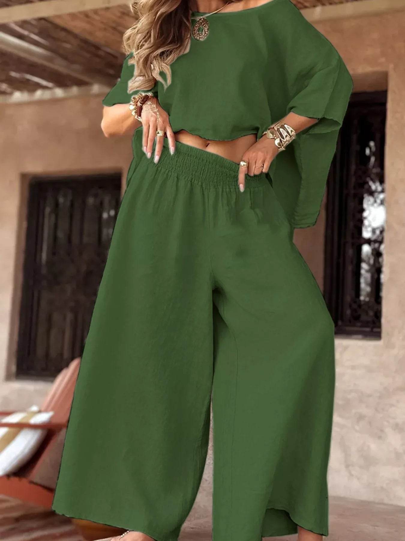 Full Size Boat Neck Top and Wide Leg Pants Set Plus Size - IntuitiveEncBoutique