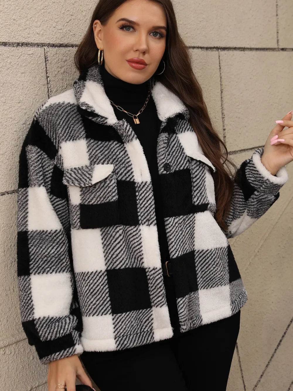 Plus Size Pocketed Plaid Collared Neck Jacket - IntuitiveEncBoutique
