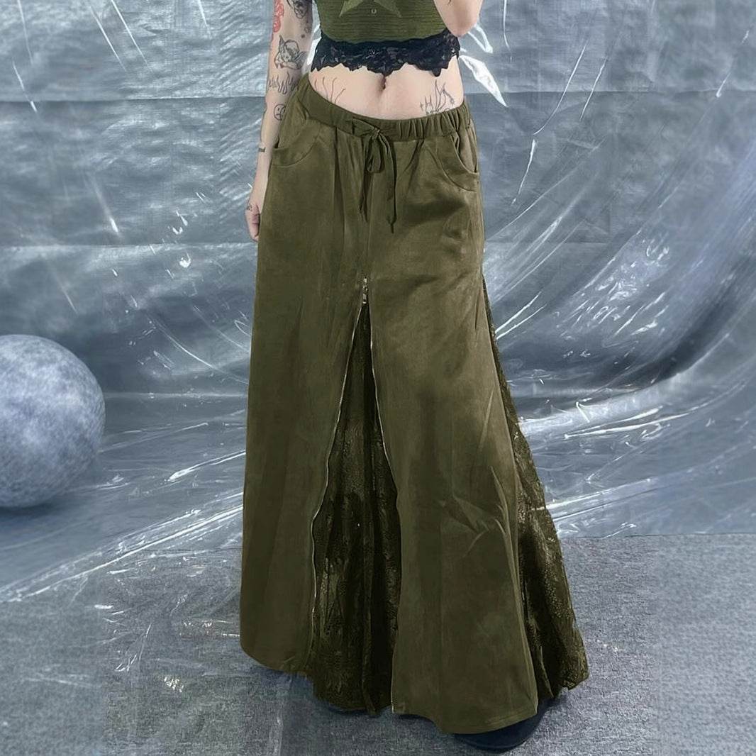 Vintage Green Lace Splicing Low Waist A-line Floor-length Skirt with Heavy Zipper - IntuitiveEncBoutique