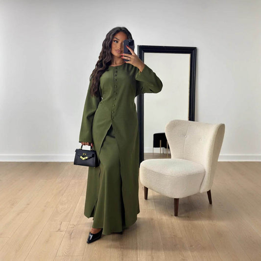 Women's Satin Button Evening Dress Two-piece Set - IntuitiveEncBoutique