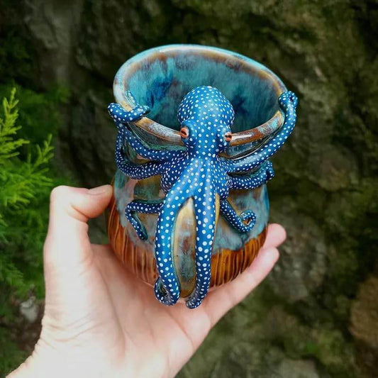 Handmade Deep Blue Octopus Mug. For Hot & Cold Drinks - IntuitiveEncBoutique